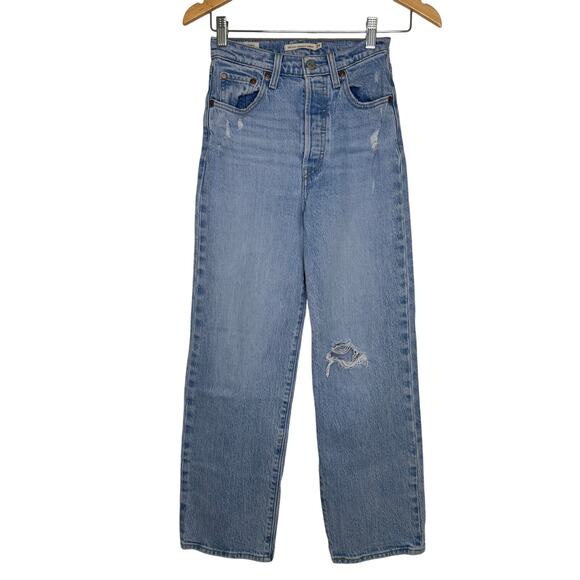 Levi's Ribcage Straight Ankle Light Wash Distressed Denim Jeans 24 - Picture 2 of 5